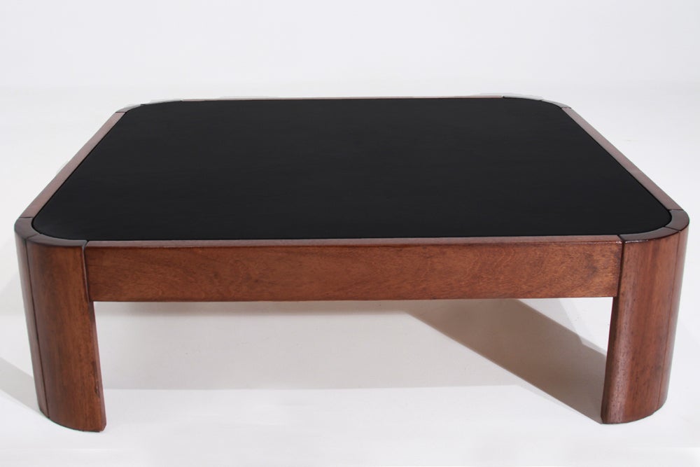 Rounded Square Wood Coffee Table with Black Leather Top In Good Condition For Sale In Los Angeles, CA