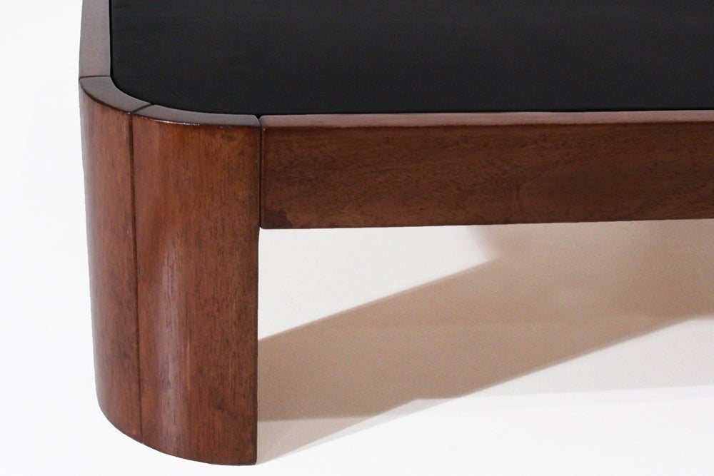 Mid-20th Century Rounded Square Wood Coffee Table with Black Leather Top For Sale