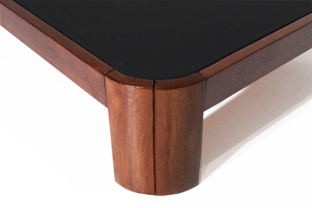 Rounded Square Wood Coffee Table with Black Leather Top For Sale 3