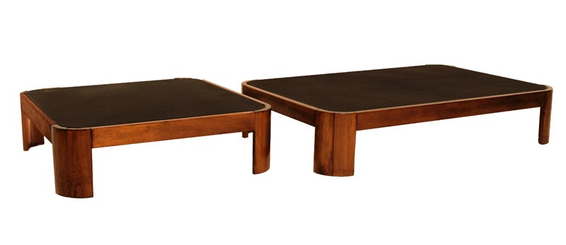 Rounded Square Wood Coffee Table with Black Leather Top For Sale 4