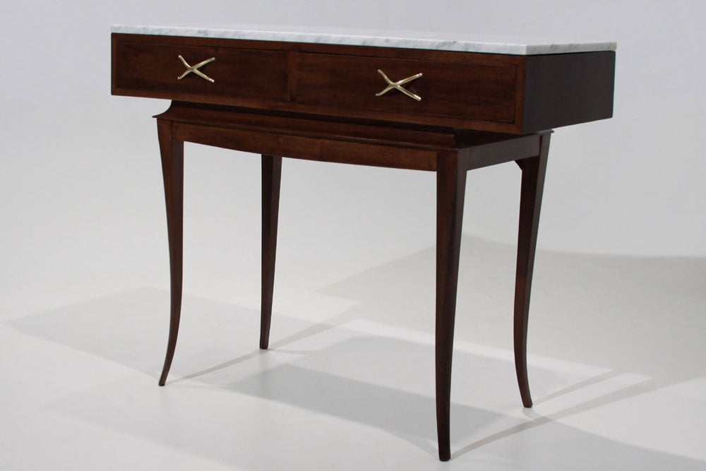 Sculptural Brazilian Freijo wood and Carrera marble desk/console table with two drawers an raw brass hardware.
Many pieces are stored in our warehouse, so please give us a call at (323) 463-4434 or email us at info@thomashayesgallery.com to find out