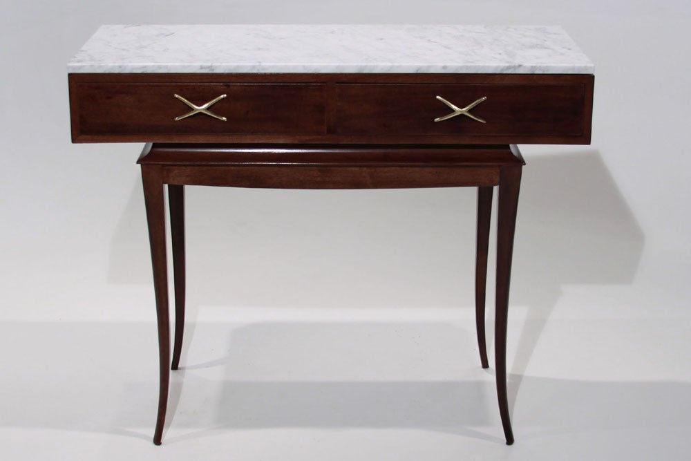 Sculptural Brazilian Freijo wood And Carrera marble desk/console table In Good Condition In Hollywood, CA