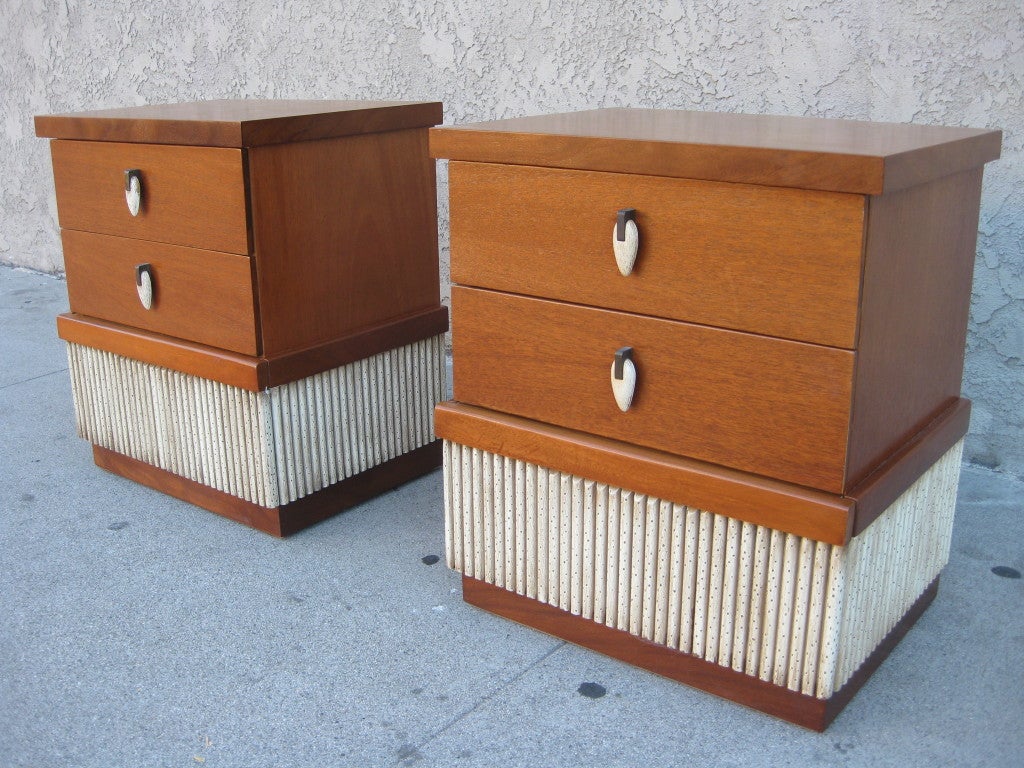 Brass Rare Blond Mahogany Nightstands by American of Martinsville