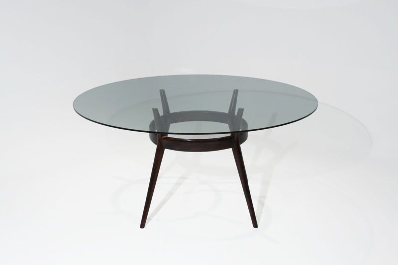 Brazilian Round Glass Solid Rosewood Sculptural Dining Table