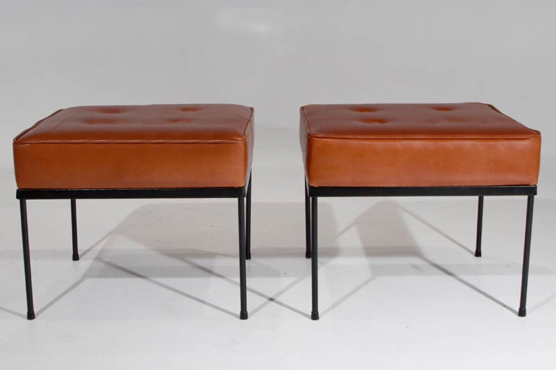 Brazilian Pair of Paul MCCobb caramel leather ottomans or square stools