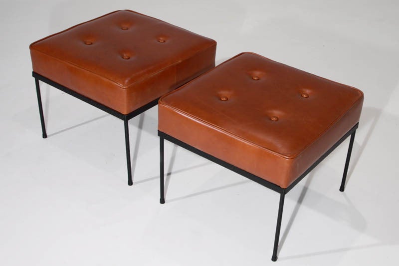 Mid-20th Century Pair of Paul MCCobb caramel leather ottomans or square stools