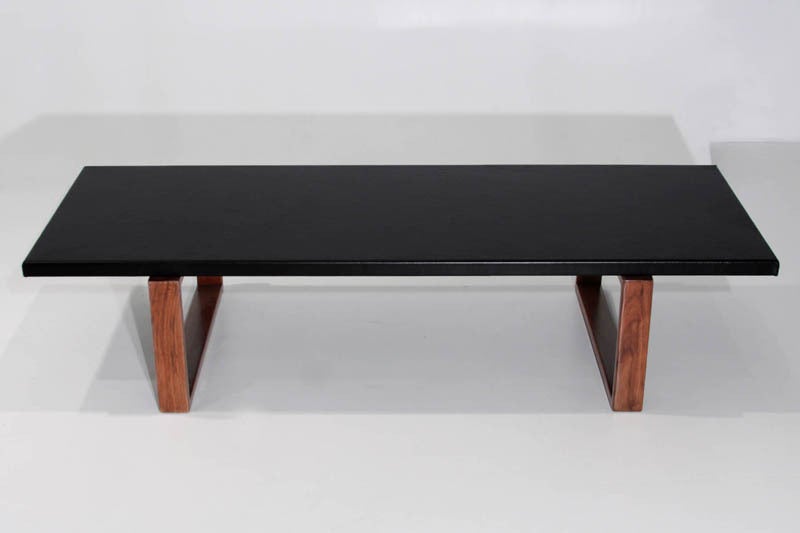 Mid-Century Modern Vintage Leather Wrapped Coffee Table with Solid Walnut Base For Sale