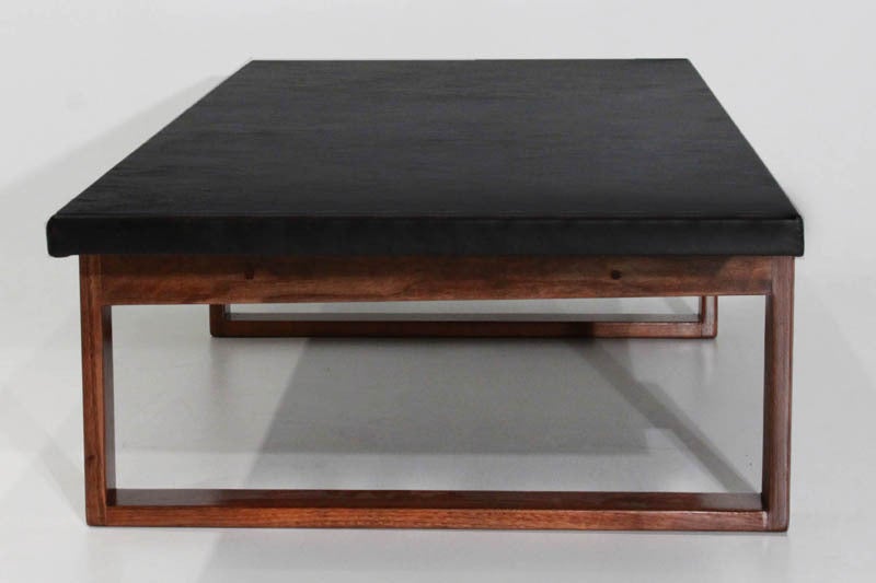 South American Vintage Leather Wrapped Coffee Table with Solid Walnut Base For Sale