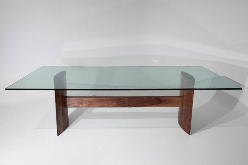 Thomas Hayes Studio stacked laminate Walnut dining table with large glass top