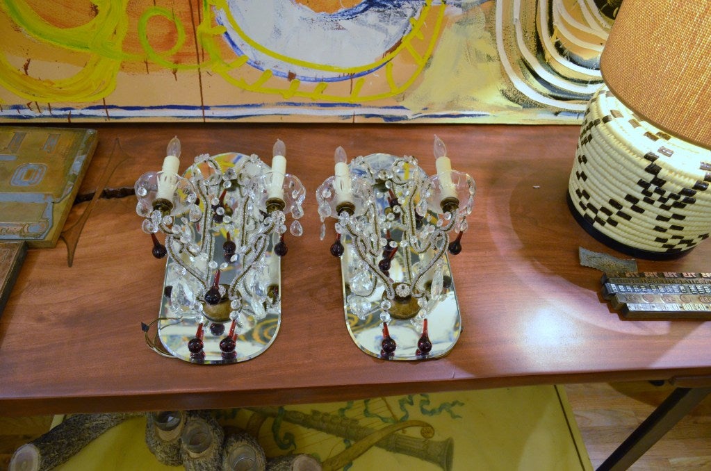 Pair of French Mirrored Crystal Sconces with Mirrored Backplate In Good Condition In Chicago, IL
