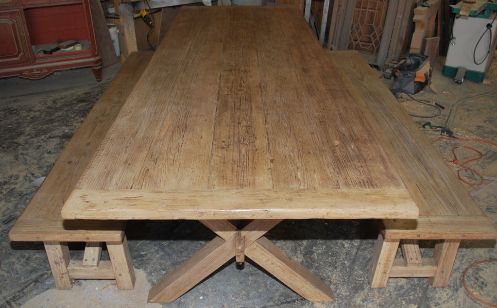 X-Trestle Table with Matching Benches, Custom Made by Petersen Antiques For Sale 2
