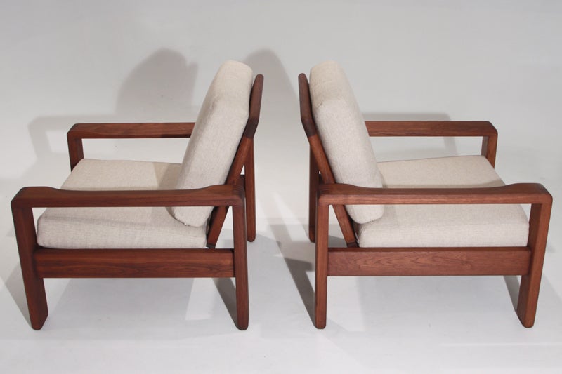 Solid Teak Danish Linen Armchairs Attributed to HW Klein In Good Condition In Hollywood, CA