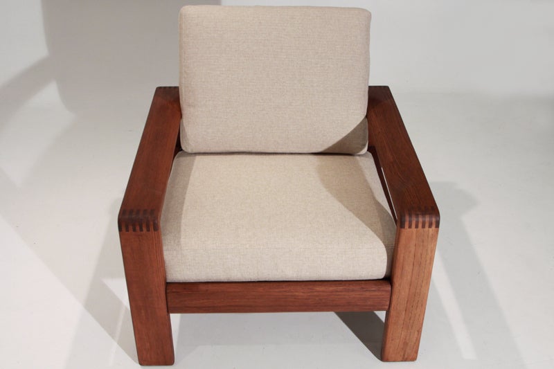 Solid Teak Danish Linen Armchairs Attributed to HW Klein 3