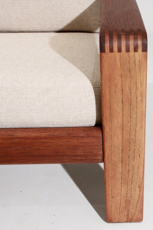Solid Teak Danish Linen Armchairs Attributed to HW Klein 4