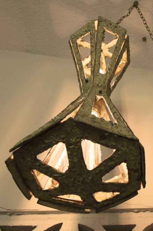 Large abstracted braised brass hanging swag light In Good Condition In Hollywood, CA