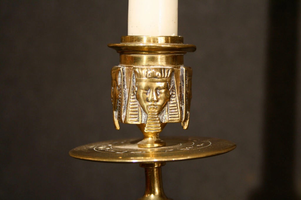 British Unique Pair Egyptian Revival Candlesticks Circa 1880