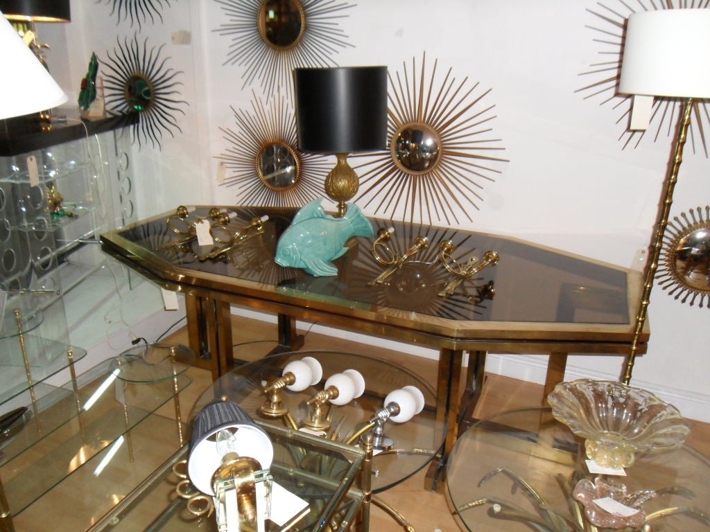 Polished Maison Jansen Huge Octagonal Brass Dining Table or Desk Smoked Glass Top, France For Sale