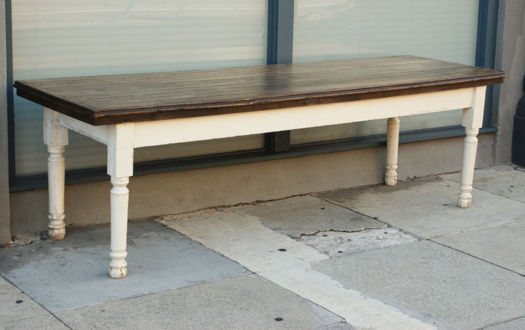 Store table from Rooker's General store in Gadsen, TN. Rooker's opened for business in 1862. These tables were used for displaying wallpaper rolls. Perfect dining table height with decent leg room clearance under the skirt of the table.