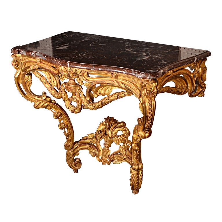 Wood Carved Gold Leaf Console Table with French Marble Top, Early 20th Century For Sale