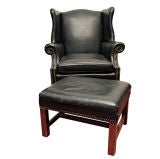 Blue Leather Wingback Chair and Ottoman