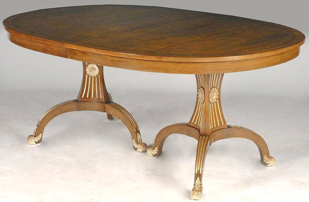 From his East 56th Street location, mid-twentieth century New York furniture maker Pashayan offered fine custom pieces, now rarely seen on the market.  This oval dining table is a splendid example.  It has double pedestals, each with three fluted