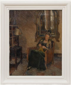 Framed Mid 20th Century Oil - Knitting in the Afternoon
