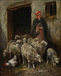 Paul H. Schouten (1860-1922) - Barbizon School Oil, Shepherdess with her Flock