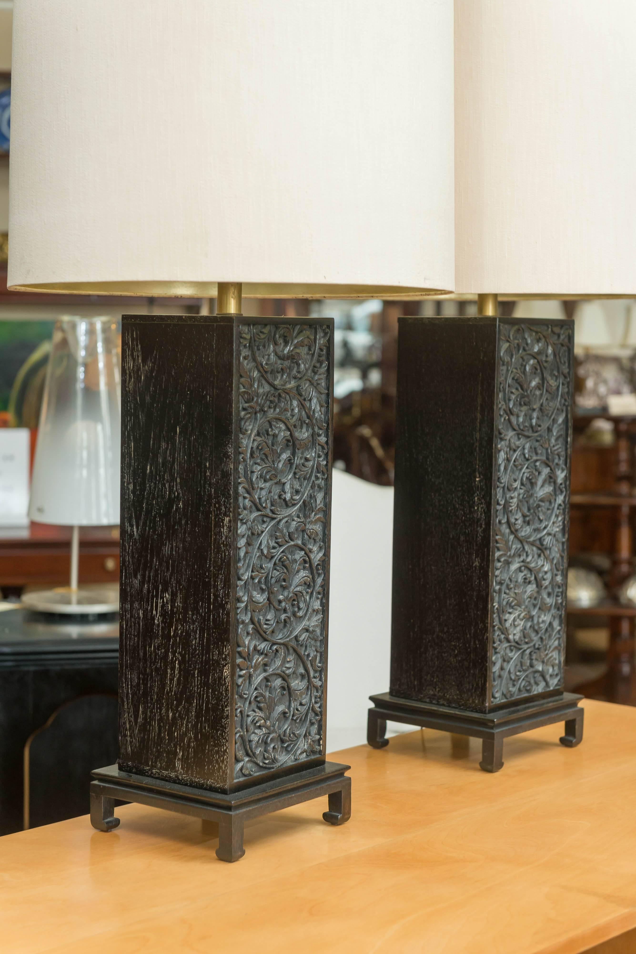 American Pair Of Ebonized Oak Table Lamps in the style of James Mont