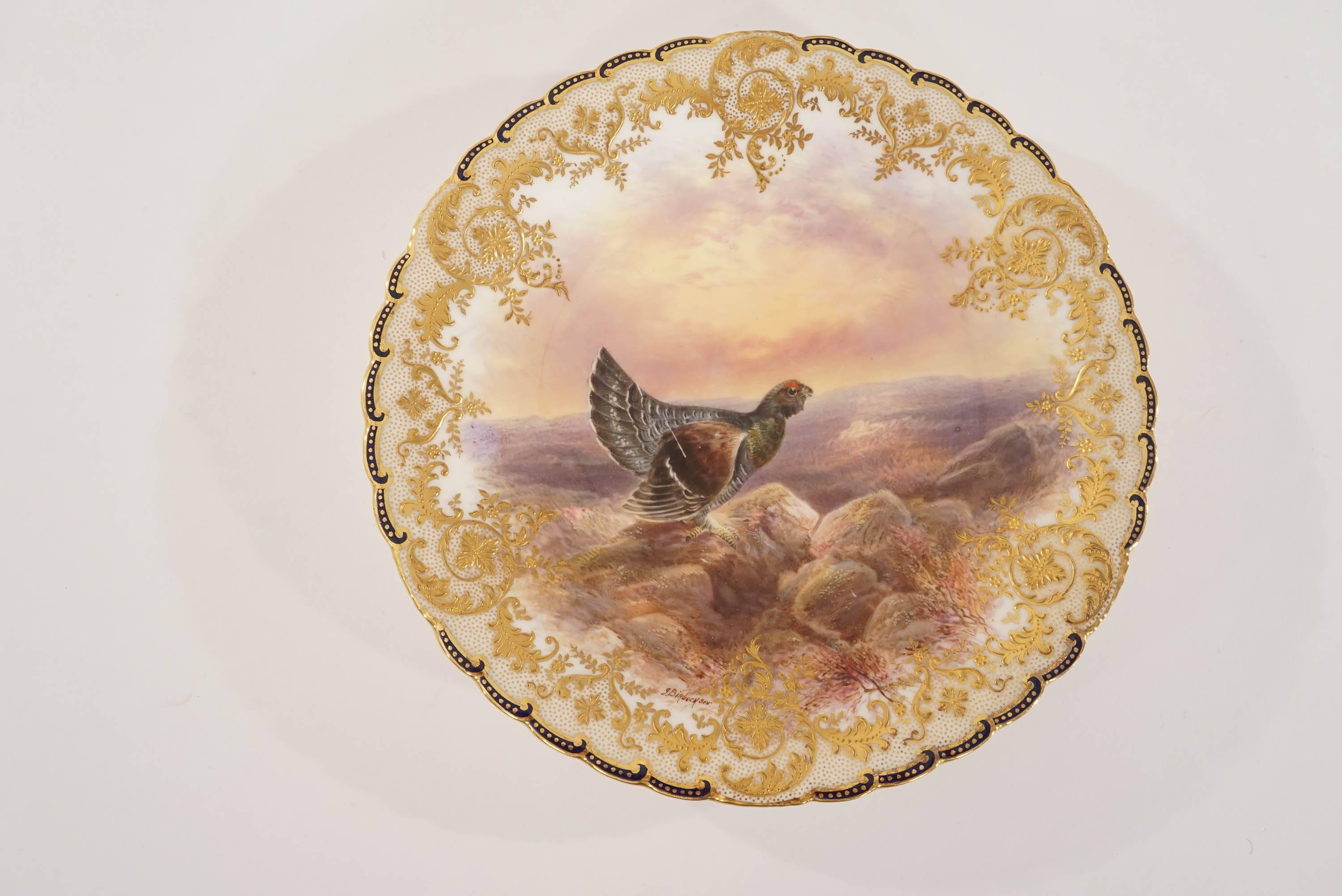 English Set of 12 Cauldon for Tiffany Game Bird Plates Hand Painted Signed Birbeck, Sen
