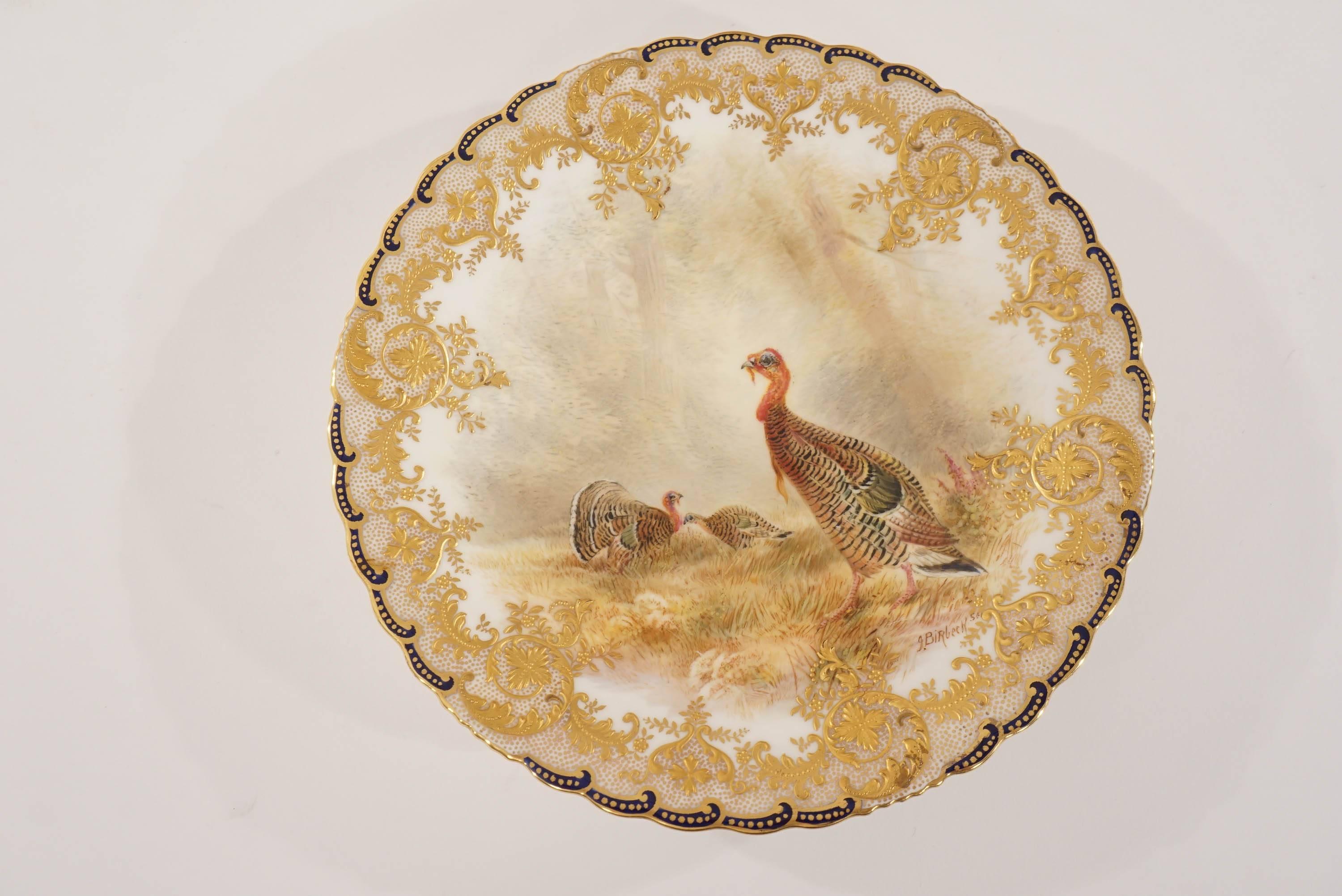 Porcelain Set of 12 Cauldon for Tiffany Game Bird Plates Hand Painted Signed Birbeck, Sen