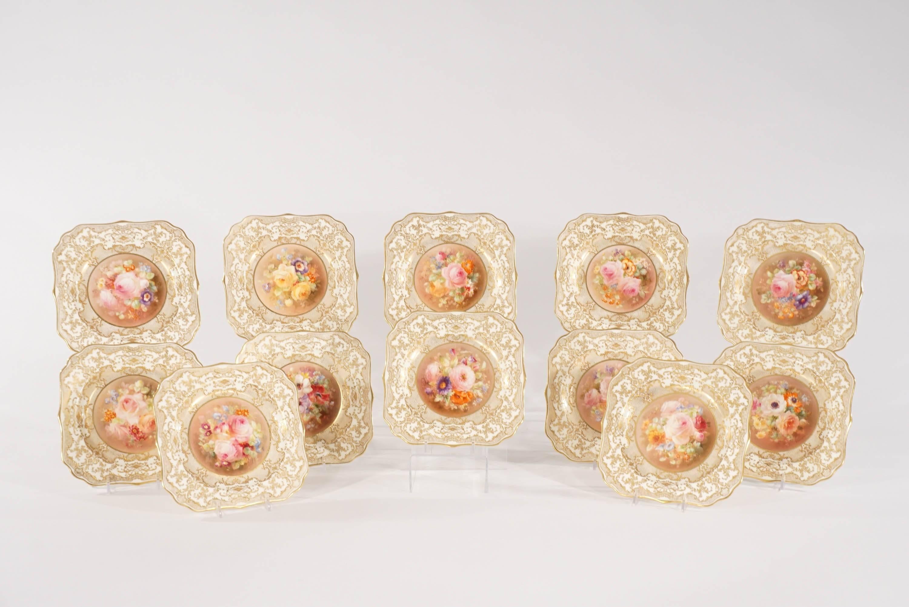 This is another wonderful example of my exceptional English porcelain offerings, by Royal Doulton. The centers feature various romantically arranged floral subjects with an Impressionistic motif. Not only are the centers hand painted and signed by