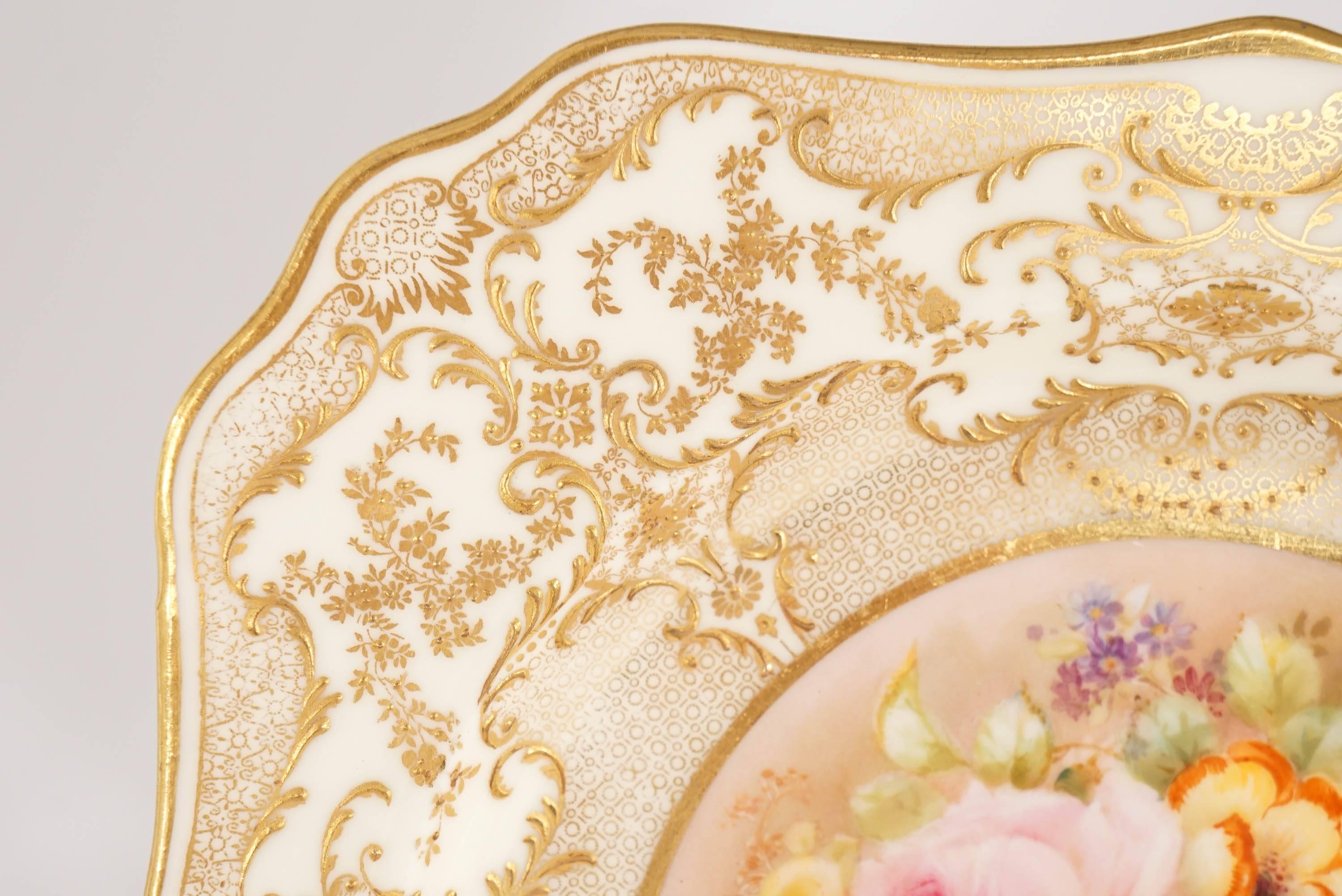 Hand-Painted 12 Royal Doulton Hand Painted Square Dessert Plates, Signed Curnock, Raised Gold