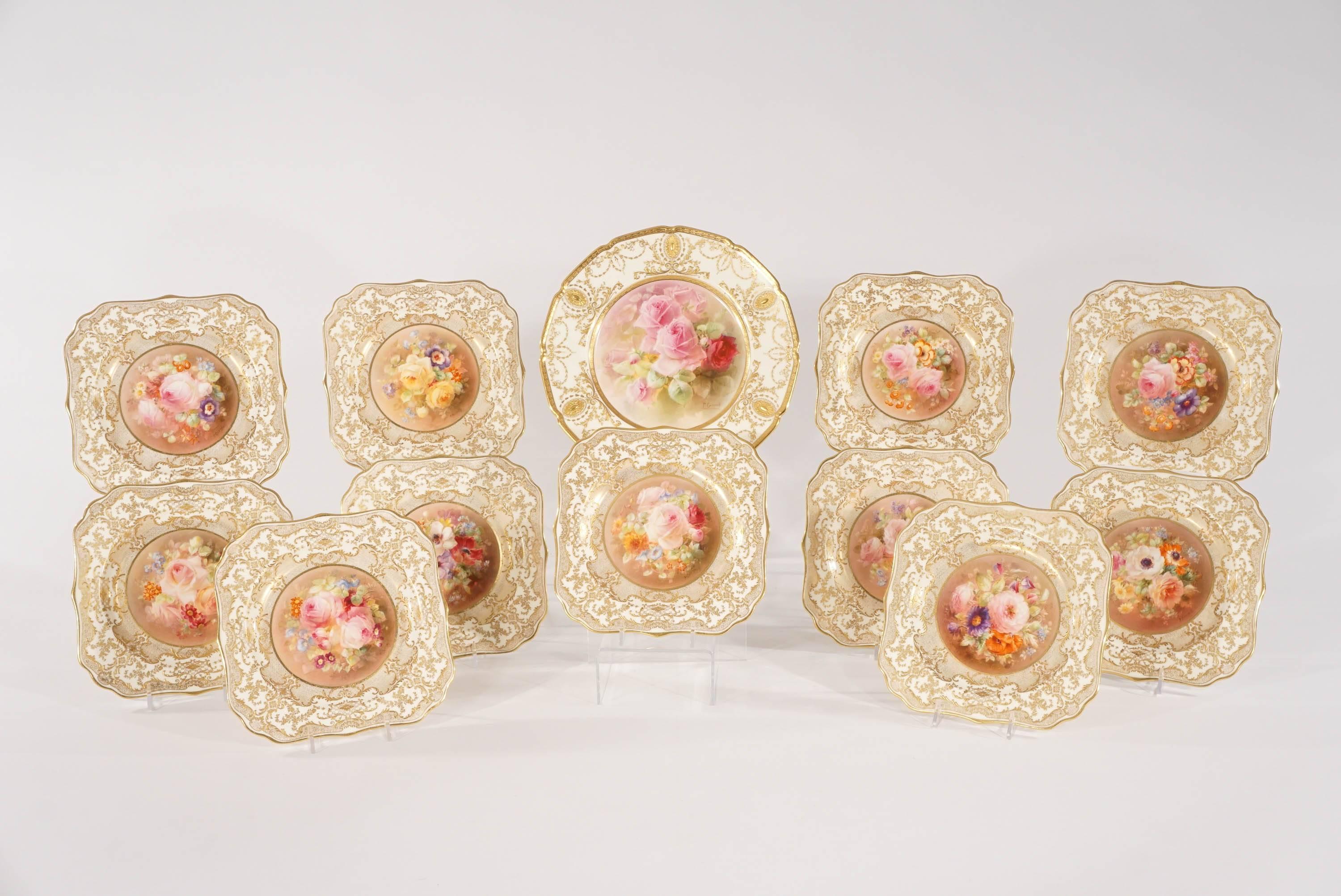 Porcelain 12 Royal Doulton Hand Painted Square Dessert Plates, Signed Curnock, Raised Gold