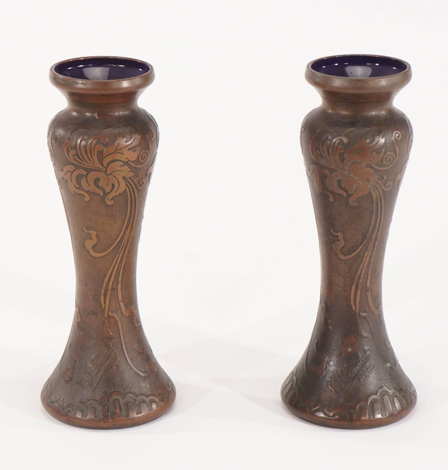 Belgian Pair of Signed Val Saint Lambert Amethyst Art Nouveau Vases with Bronze Patina  For Sale