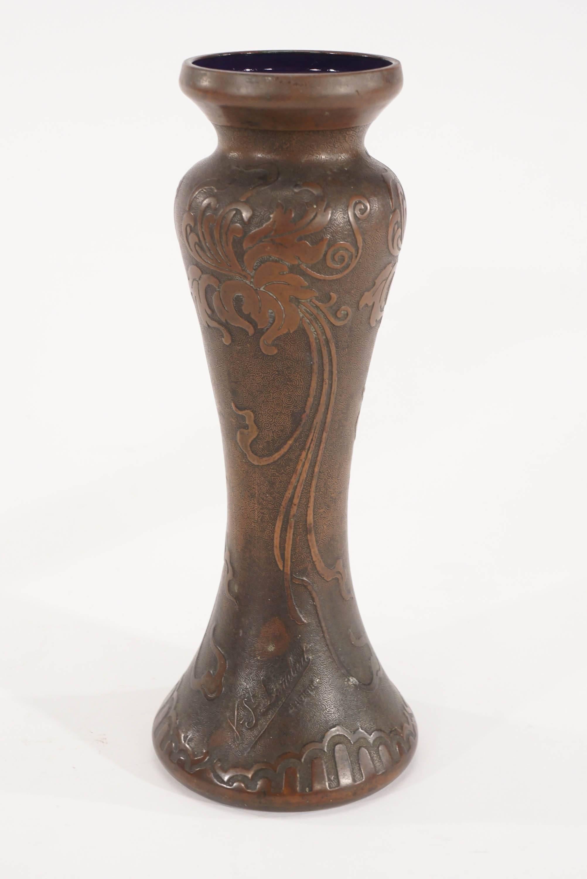 Pair of Signed Val Saint Lambert Amethyst Art Nouveau Vases with Bronze Patina For Sale 2