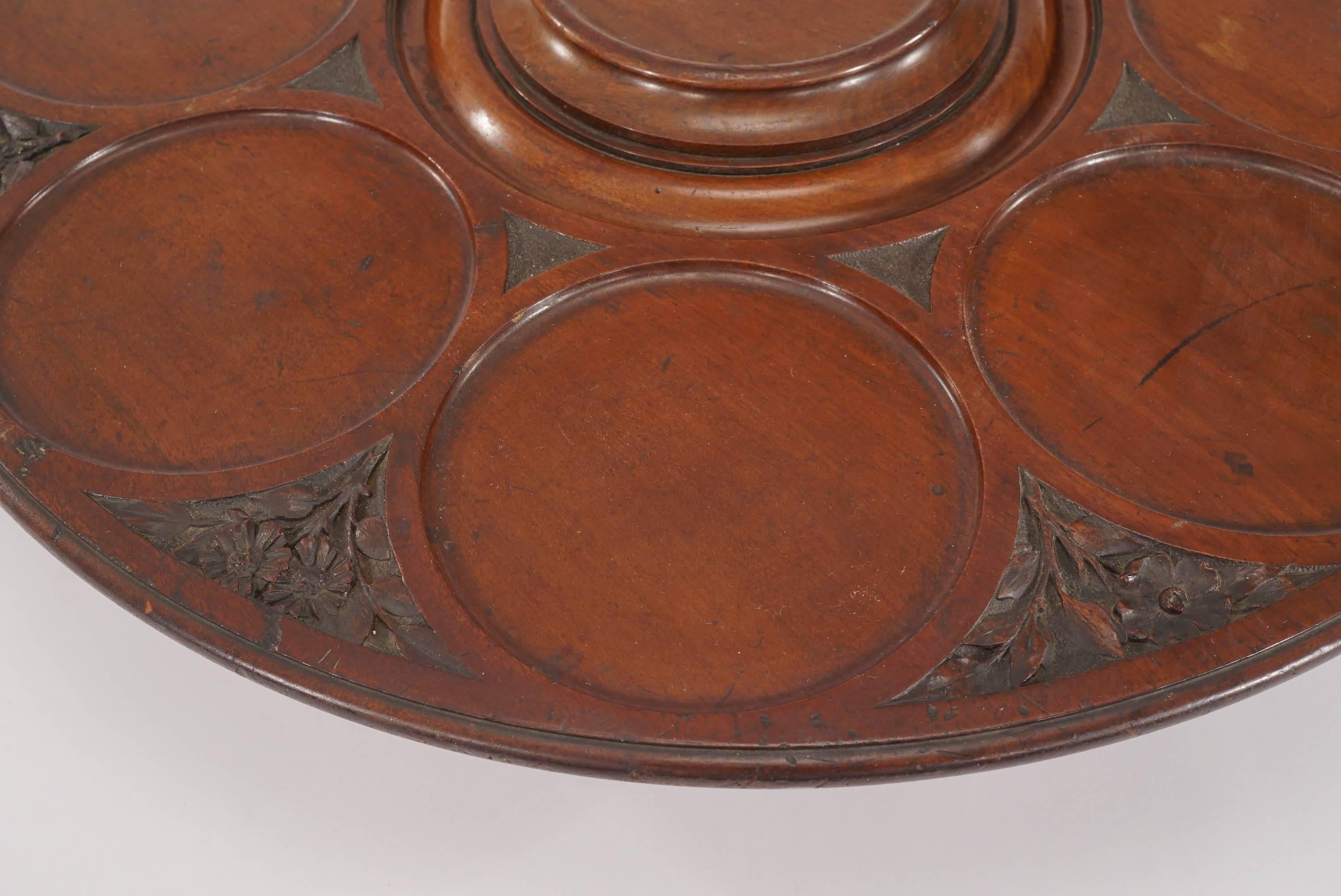 Wood Large Mahogany Footed Lazy Susan with Carved Decoration Nine Framed Indentations