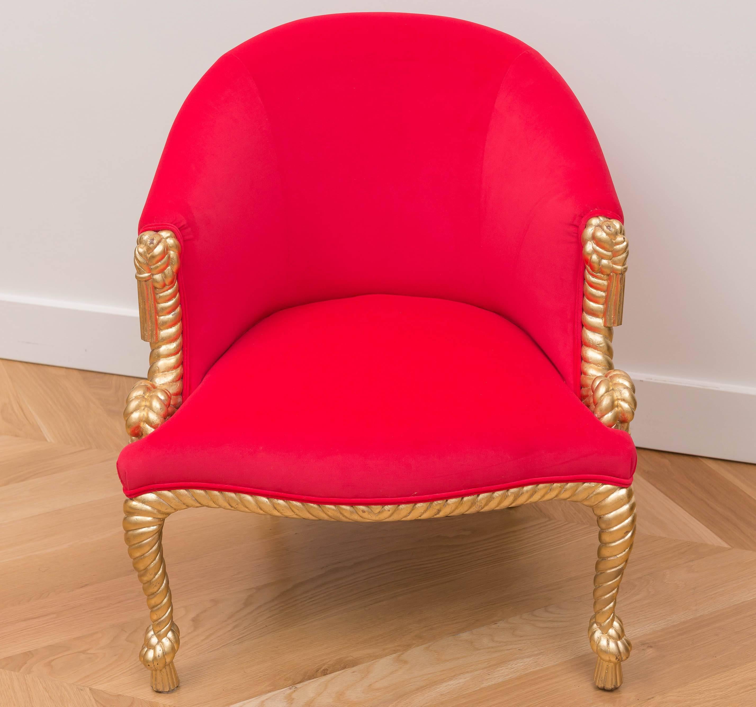 Gold gilt Italian tassel chair with new hot pink upholstery.