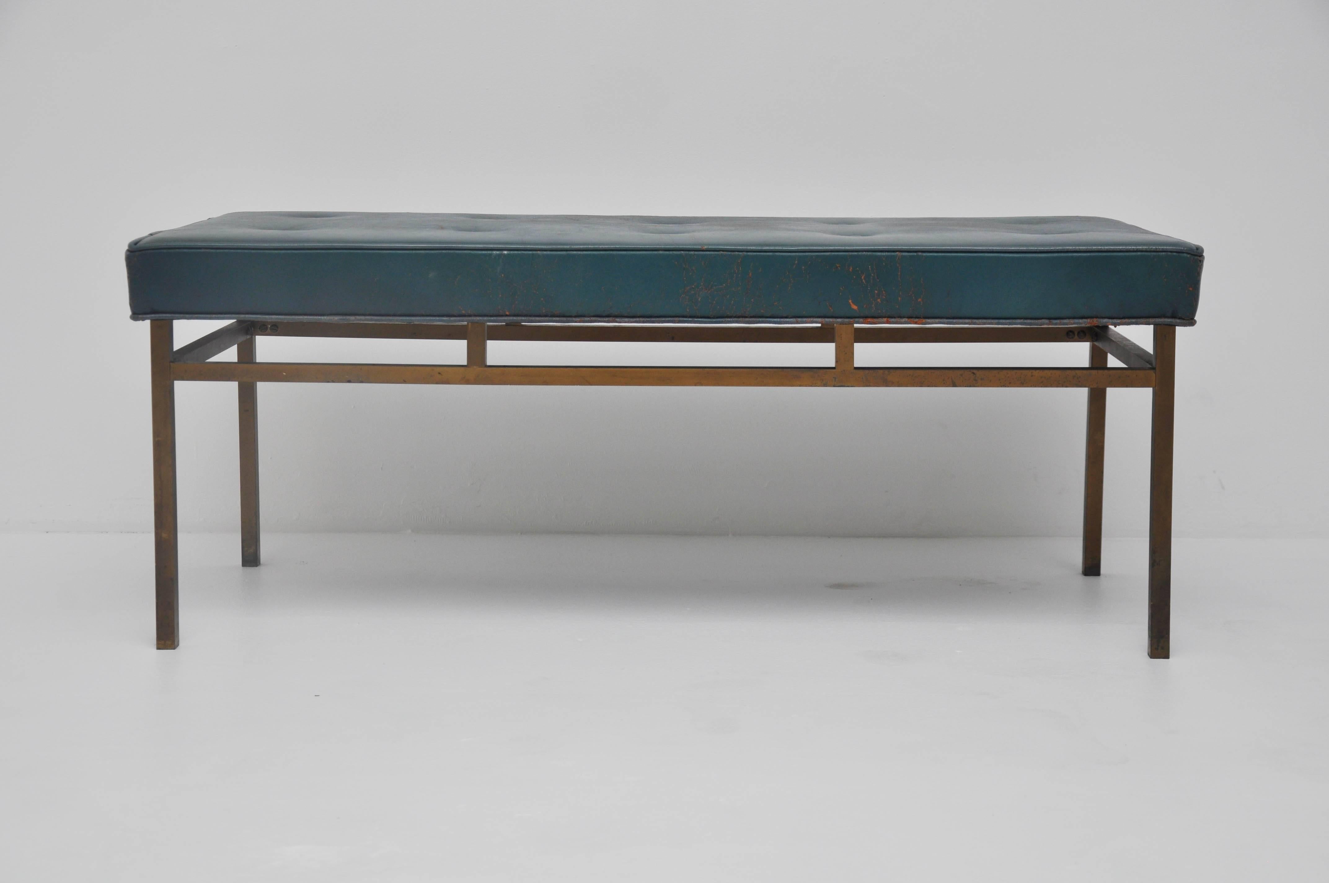 Brass base bench by Harvey Probber.  Vintage blue leather upholstery.