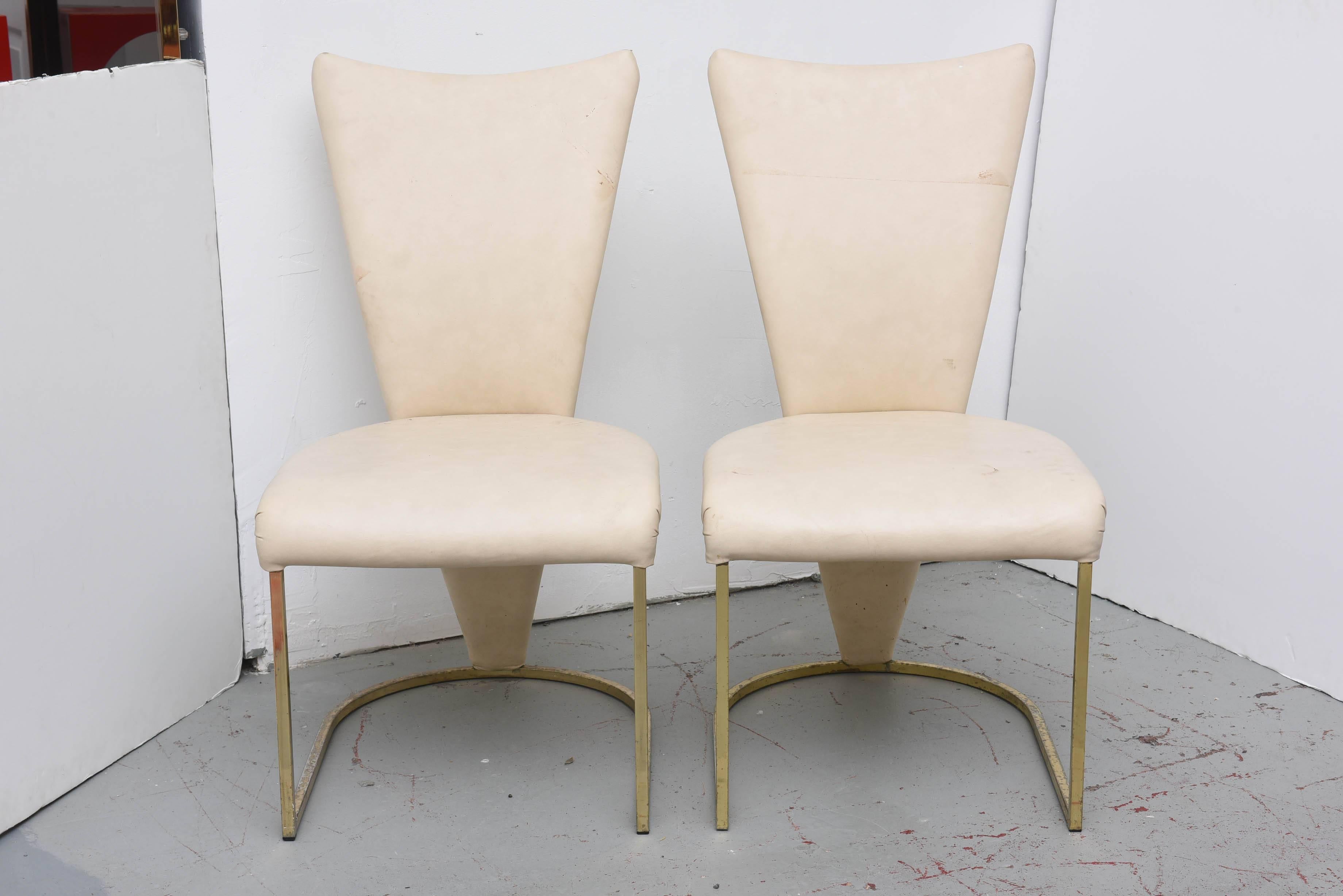 Wonderful form on these DIA Brass chairs.  Chairs need polishing or replating and reupholstery, but they are structurally very sound.  USA 1980s  Our guys can do the plating for a fee to make them as new.