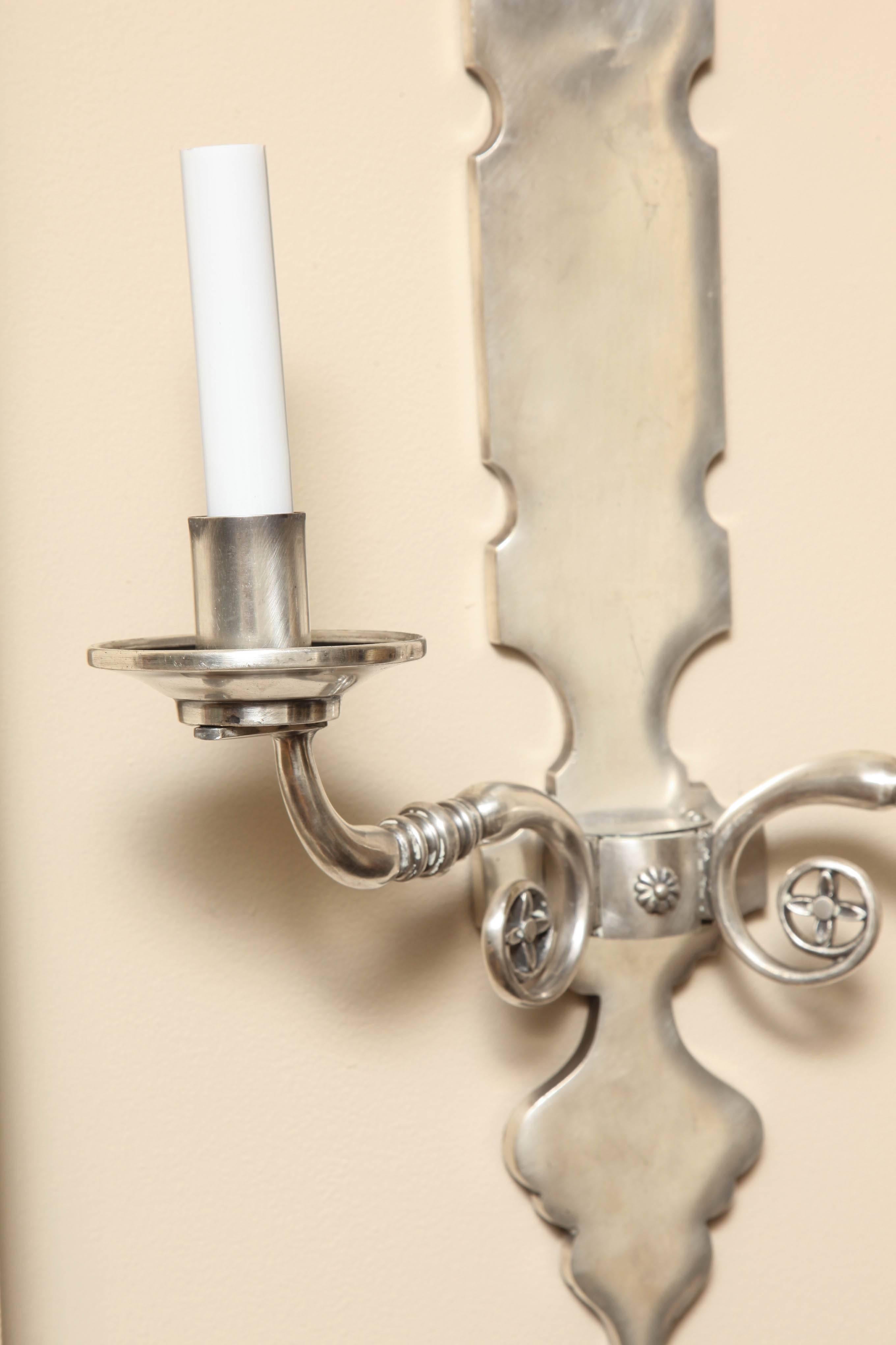 Mid-20th Century Pair of Two-Light Silver Nickel Sconces with Shaped Backplate