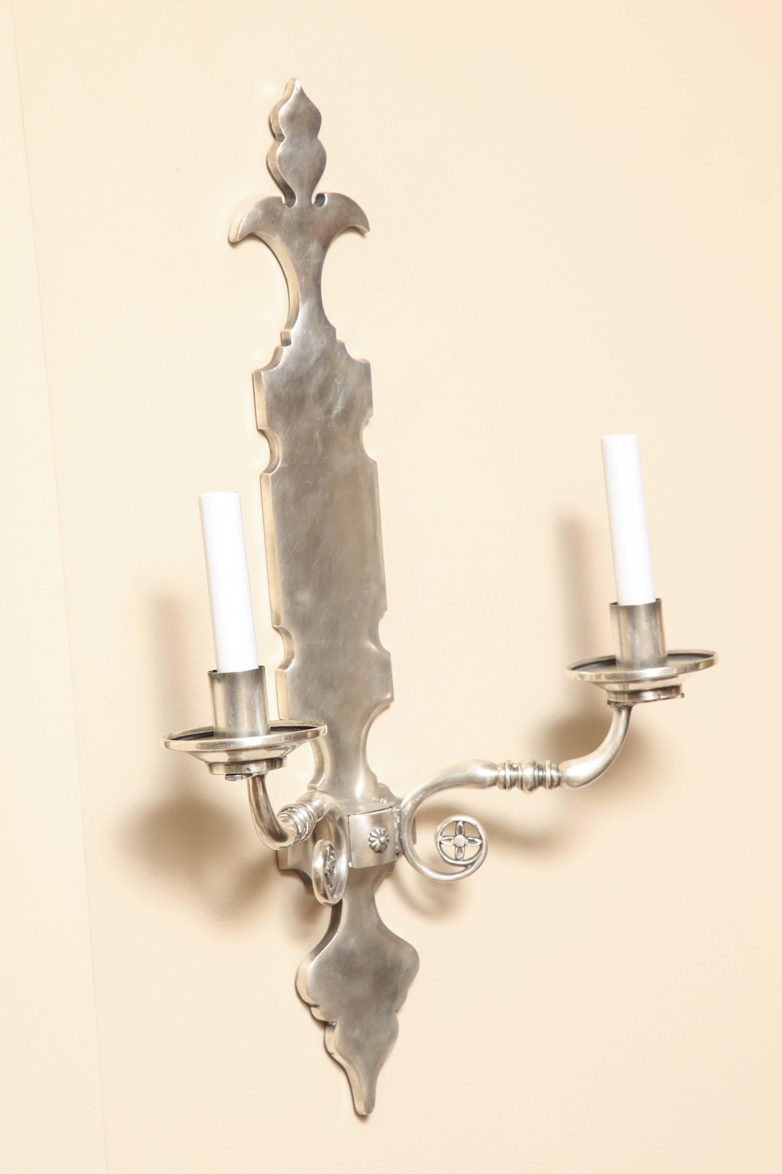 Pair of Two-Light Silver Nickel Sconces with Shaped Backplate 3