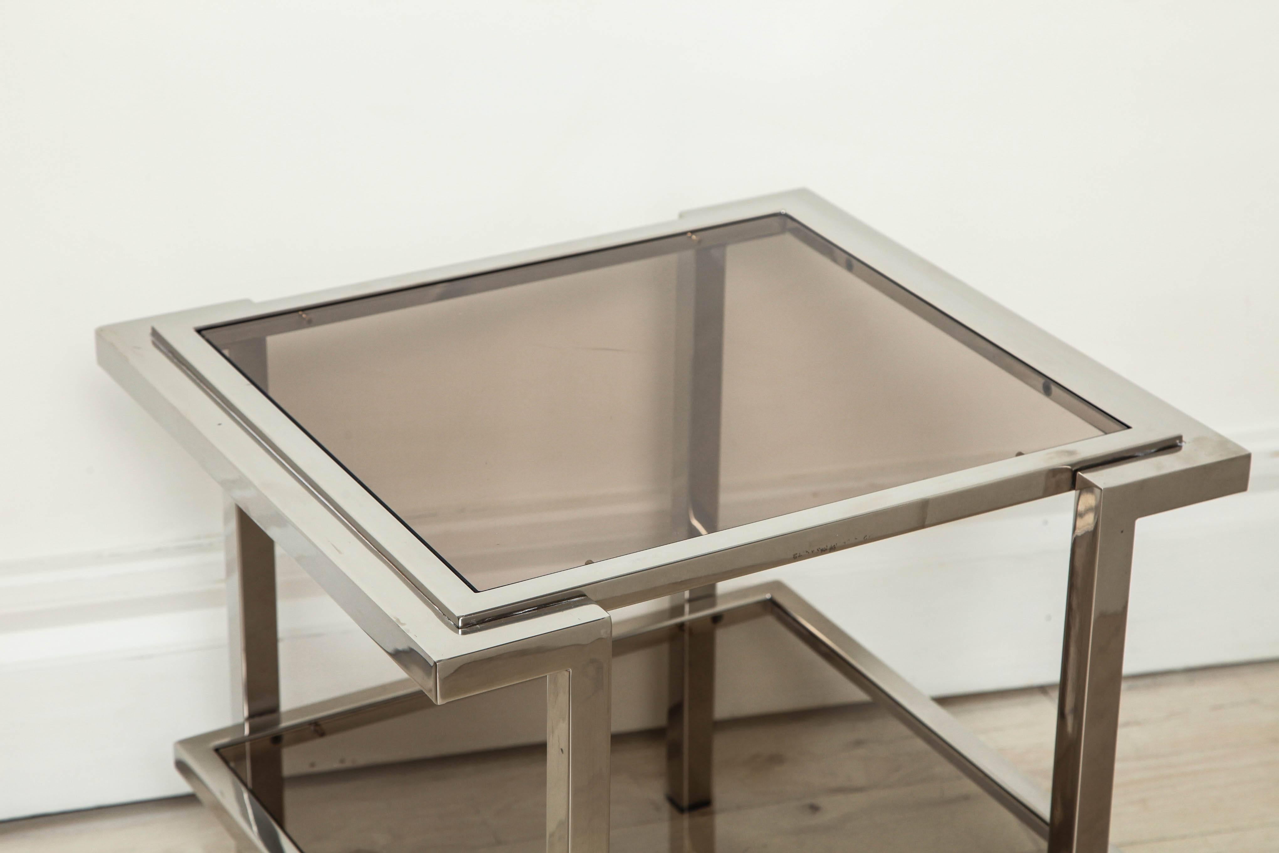 Modern Pair of Chrome and Gray Glass Coffee Tables, France, circa 1970 2