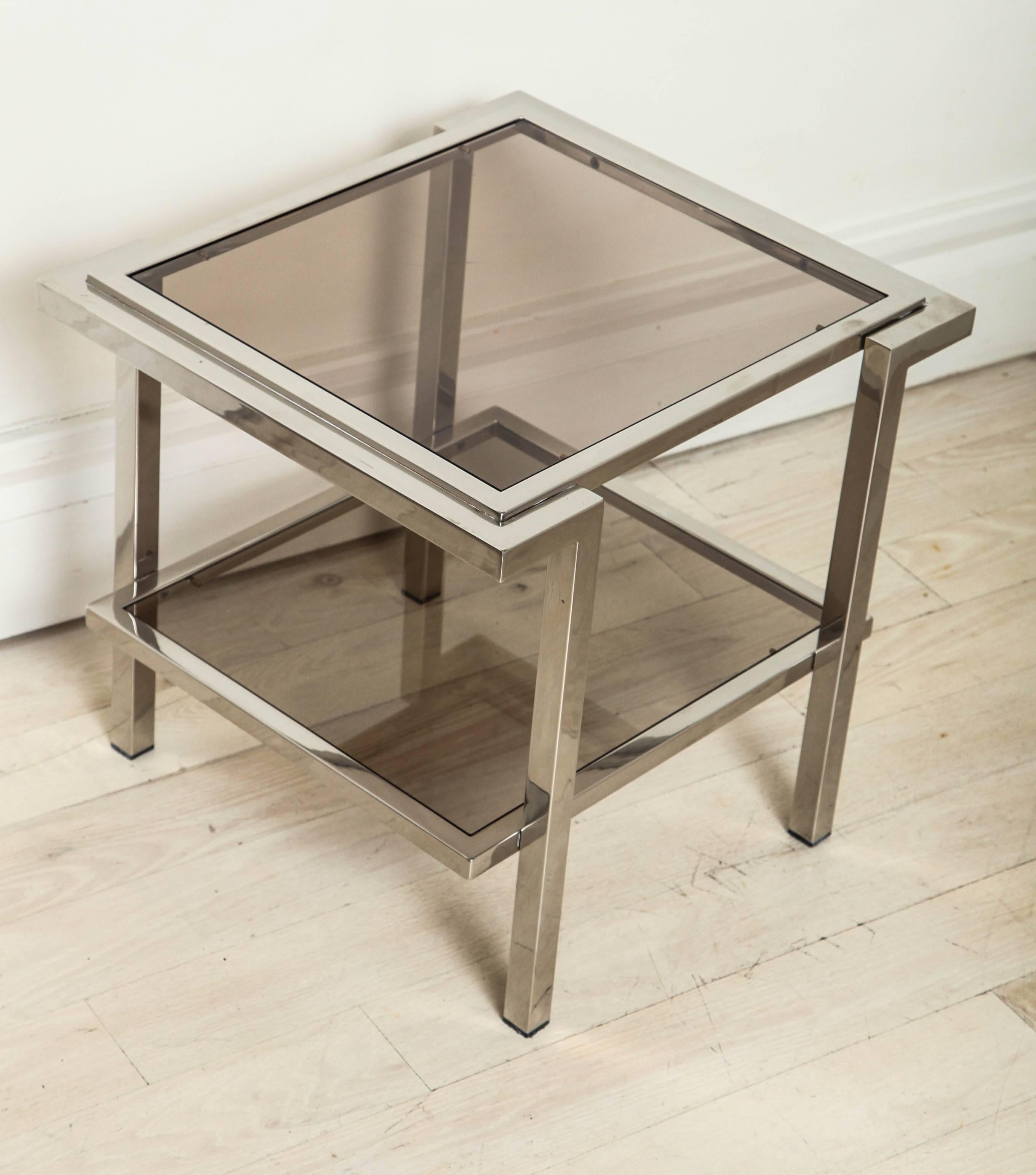 Modern Pair of Chrome and Gray Glass Coffee Tables, France, circa 1970 4