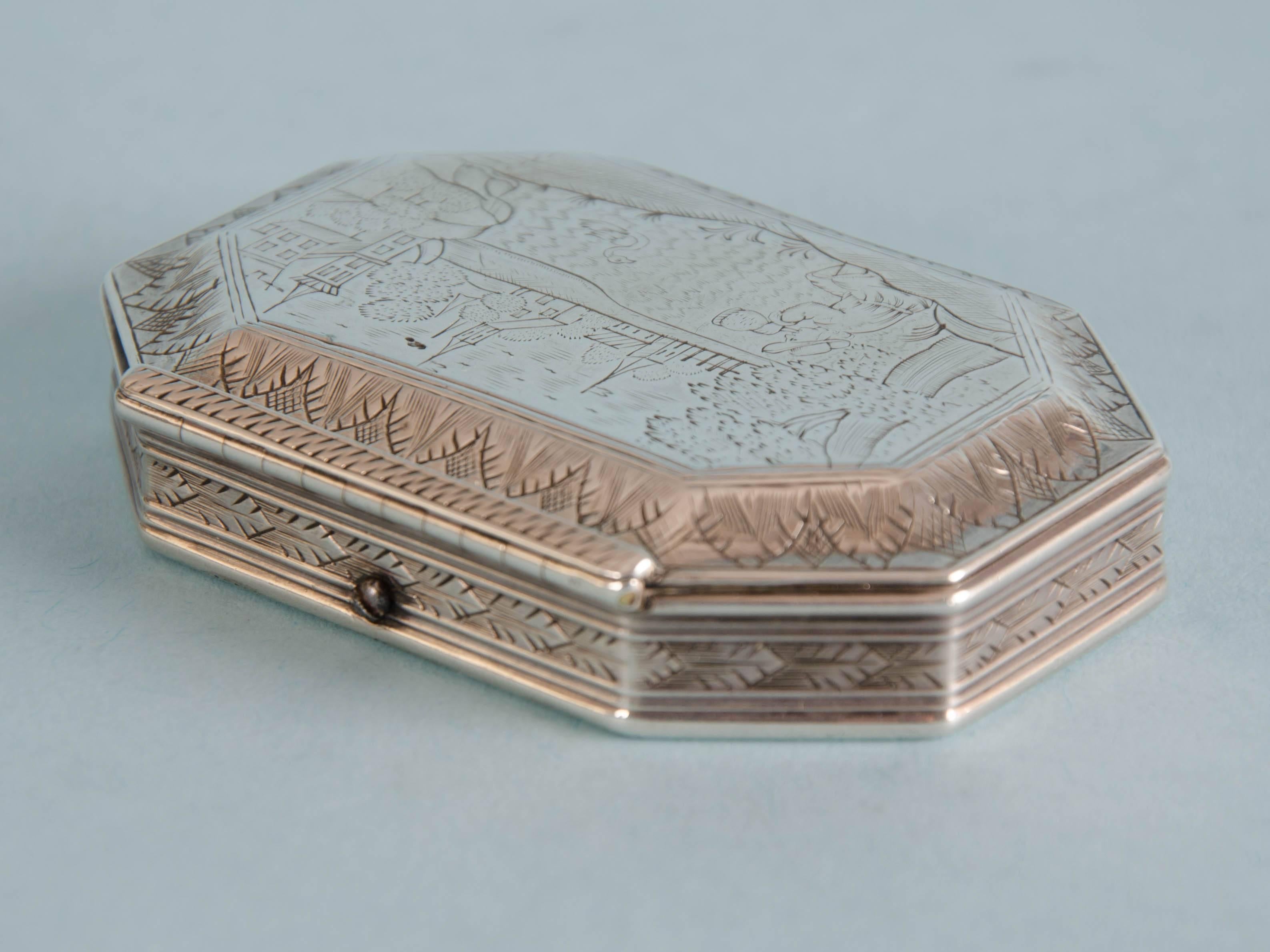 William and Mary, late 17th Century engraved silver cut-corner rectangular box.  For Sale 1