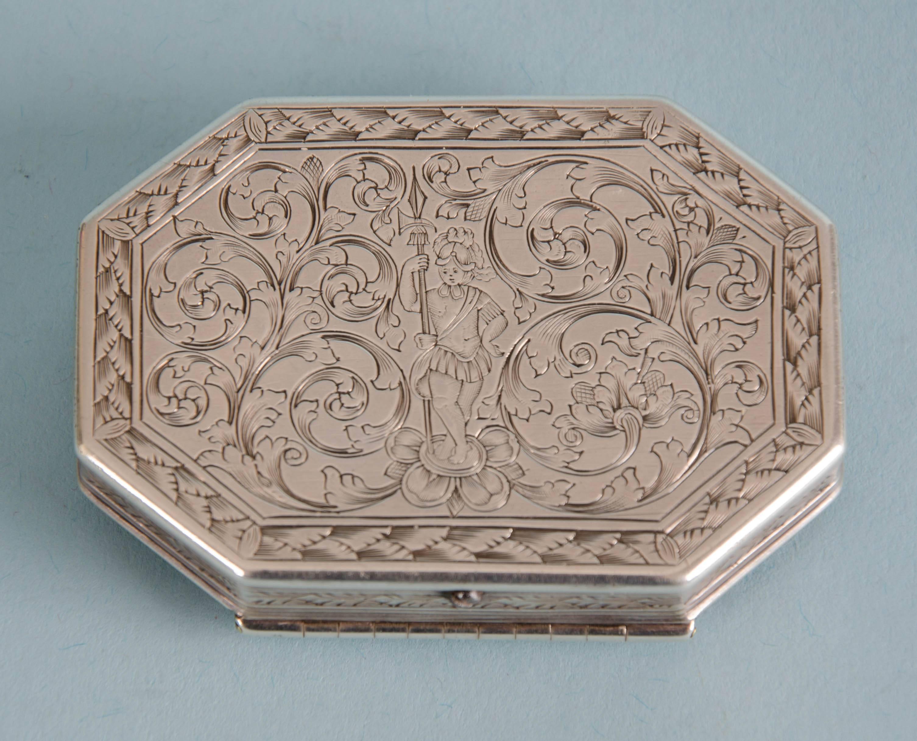 William and Mary, late 17th Century engraved silver cut-corner rectangular box.  For Sale 2