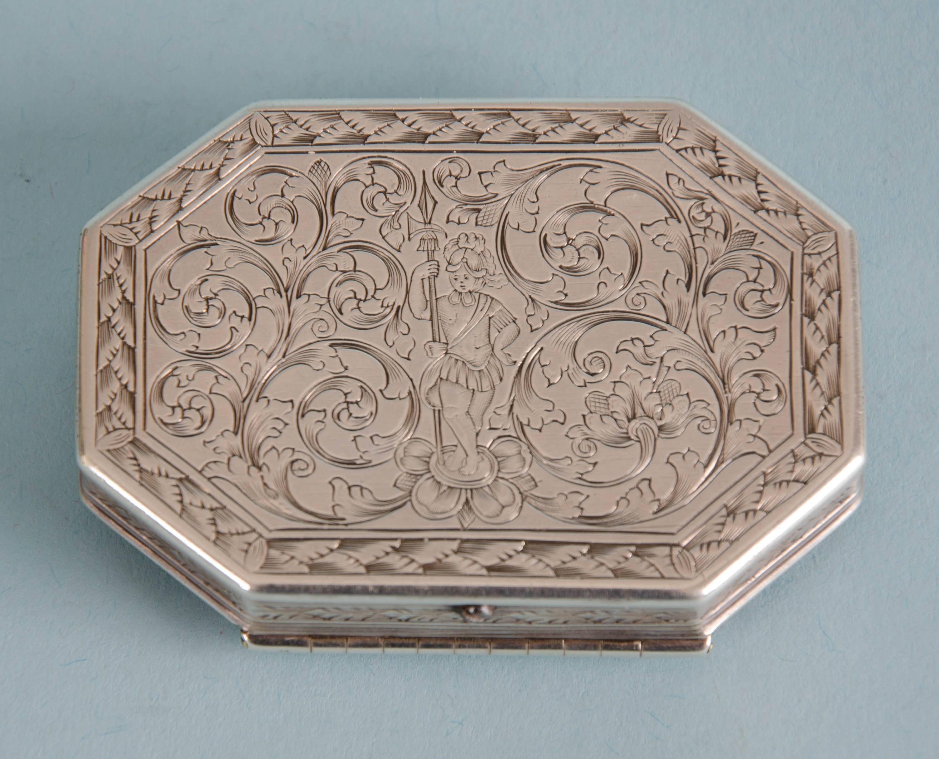 William and Mary, late 17th Century engraved silver cut-corner rectangular box. For Sale 2