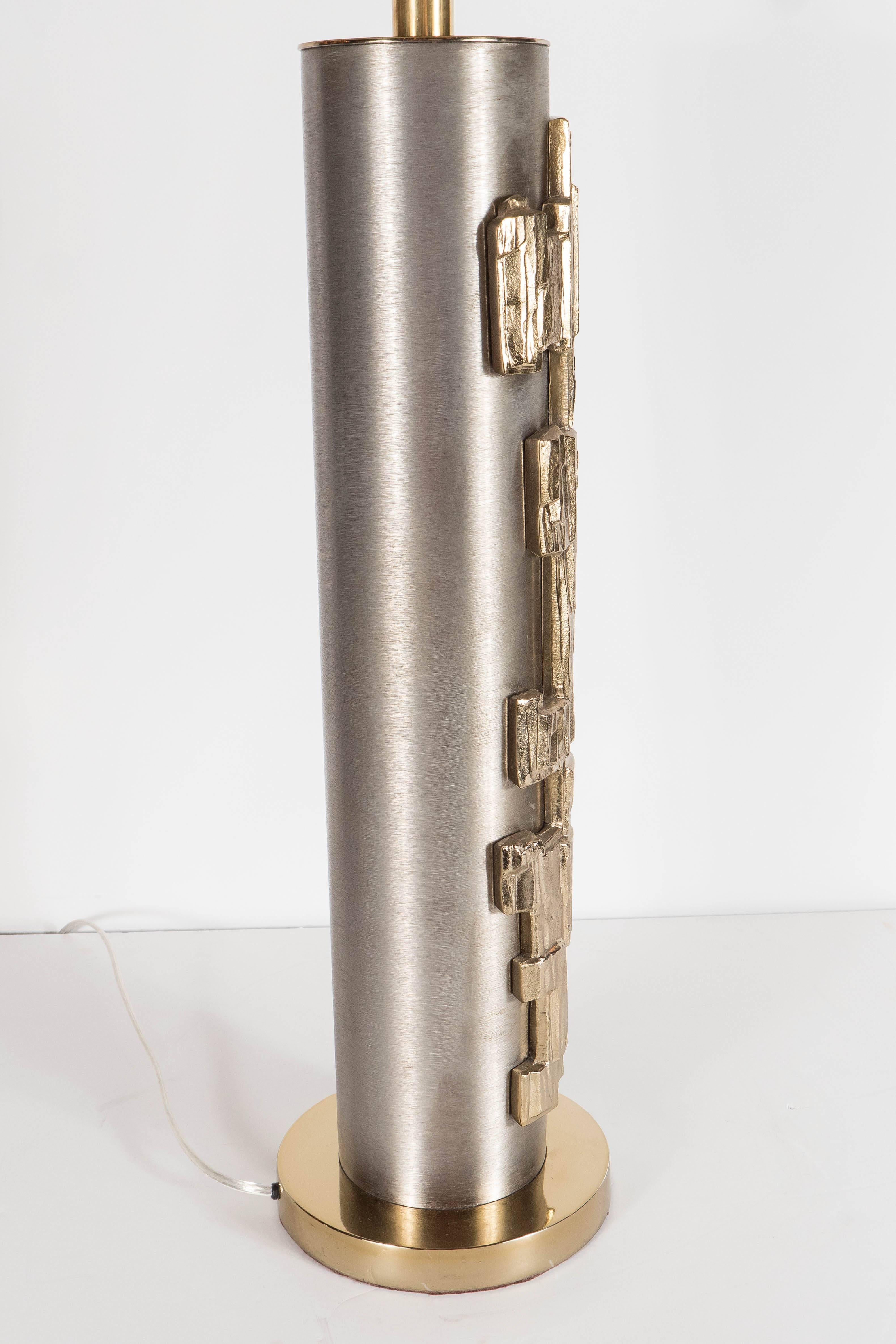 American Laurel Lamp Co. Brutalist Brushed Steel Table Lamp w/ Striated Brass Appliqués