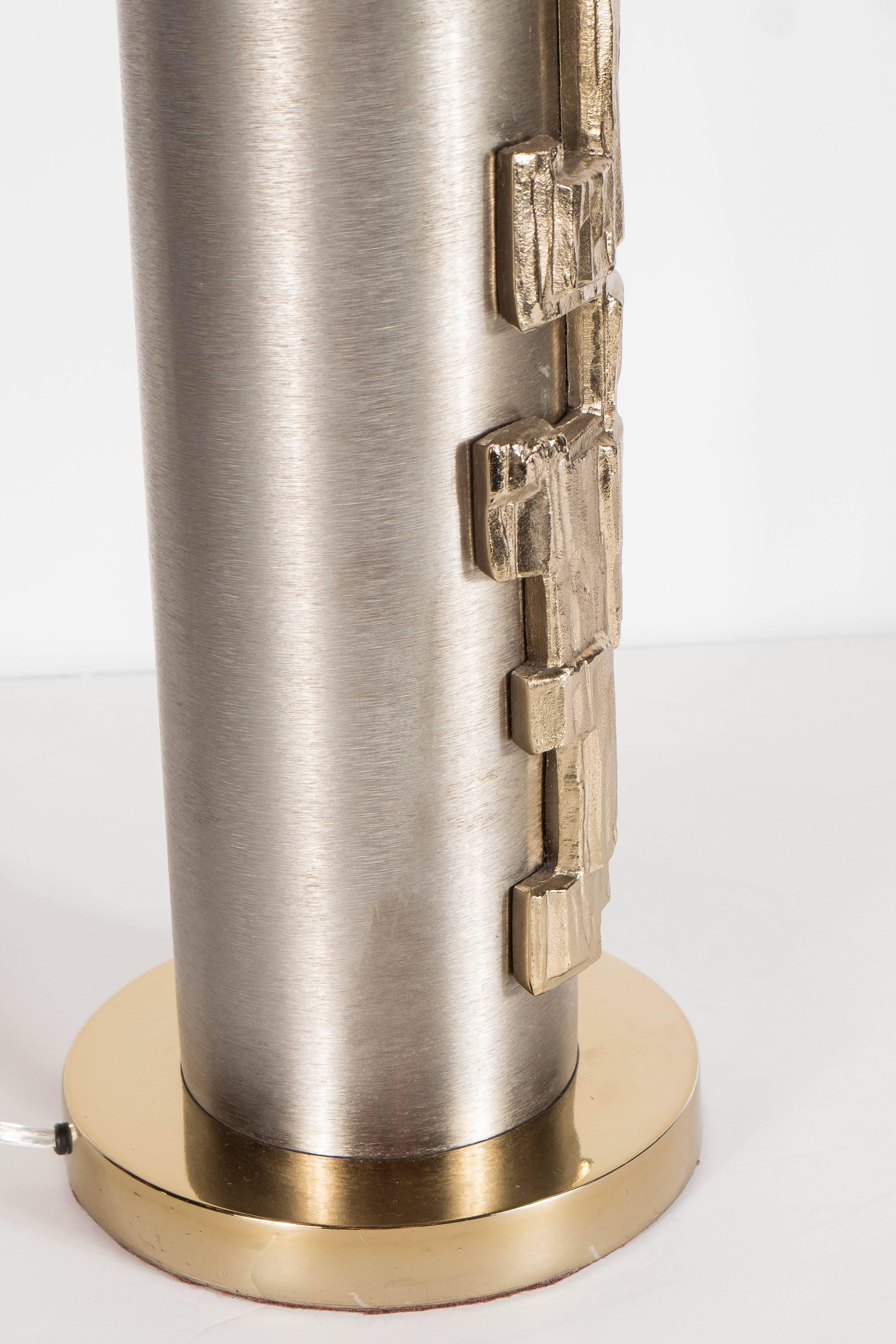 Laurel Lamp Co. Brutalist Brushed Steel Table Lamp w/ Striated Brass Appliqués In Excellent Condition In New York, NY