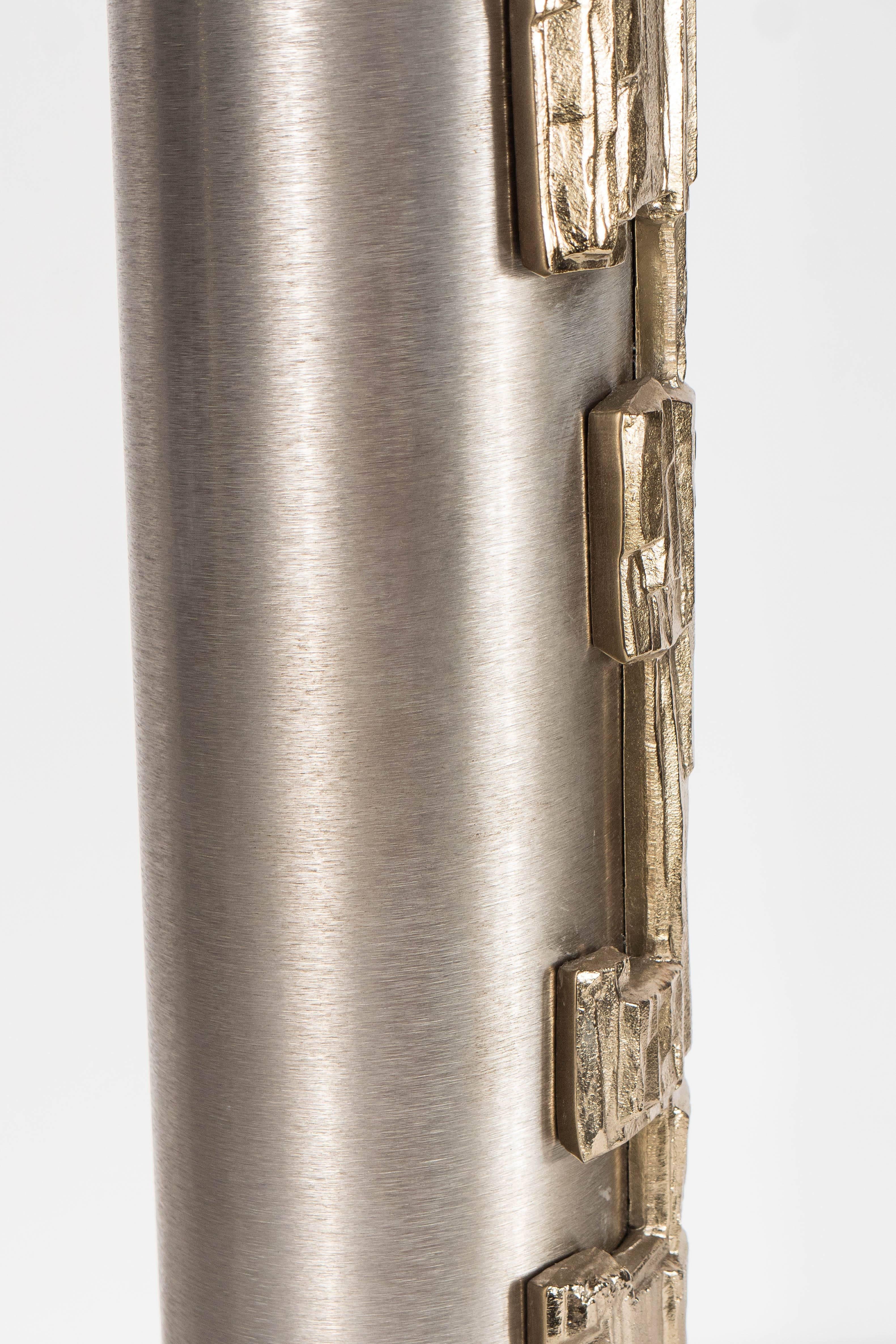 Mid-20th Century Laurel Lamp Co. Brutalist Brushed Steel Table Lamp w/ Striated Brass Appliqués