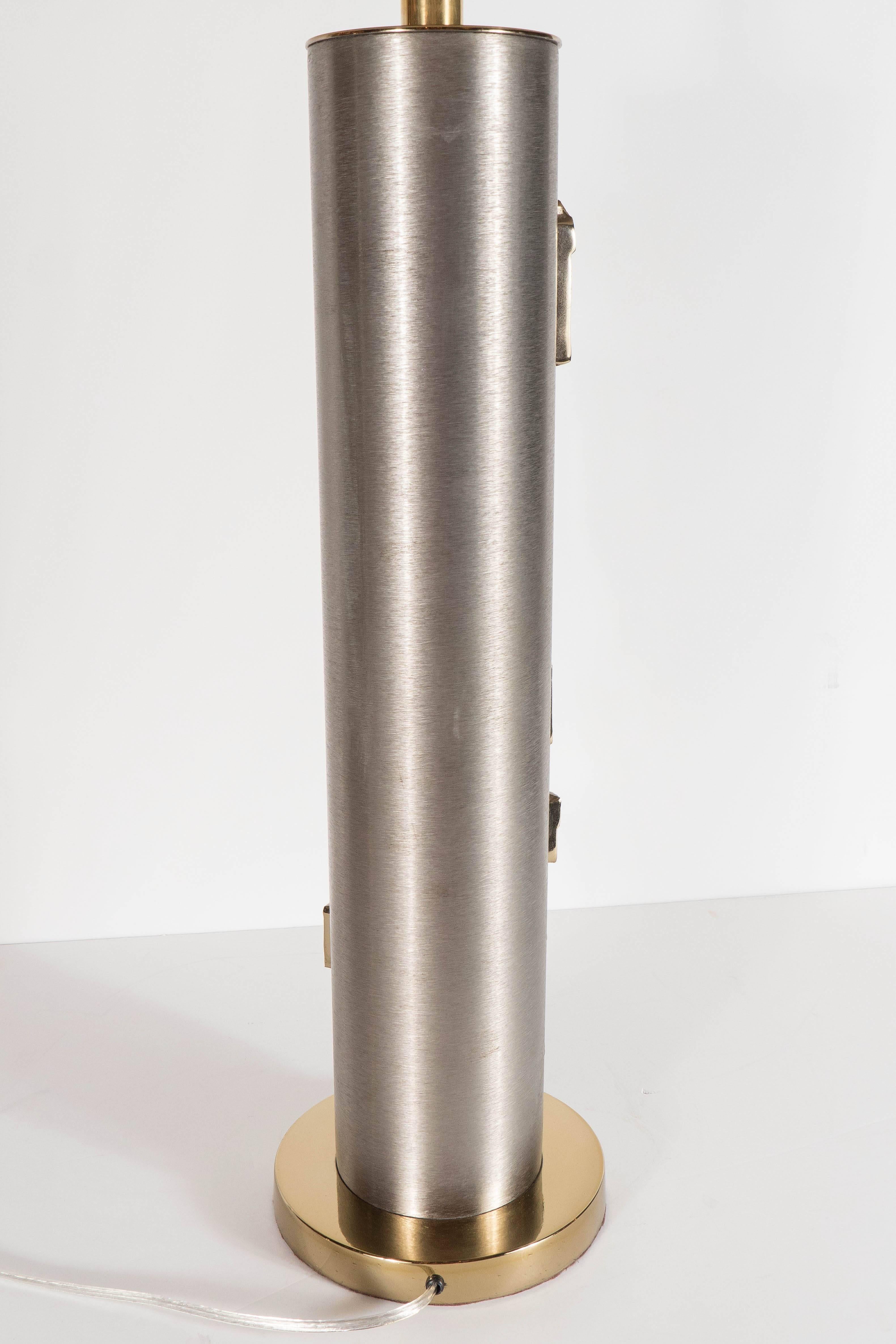 Laurel Lamp Co. Brutalist Brushed Steel Table Lamp w/ Striated Brass Appliqués 1